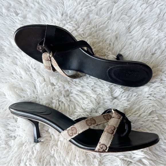 Gucci GG Monogram Canvas Suede Kitten Heels Sandals Size 7.5 Brown Beige - Picture 8 of 14